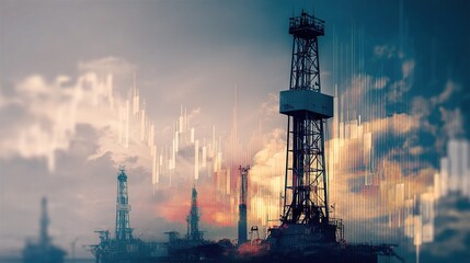 Obraz premium Towering Oil Rig with Financial Charts Overlay in Sunset Background