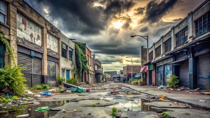 Fototapeta premium Desolate Urban Alleyway A Post-Industrial Scene of Decay and Dereliction Under a Dramatic Sky