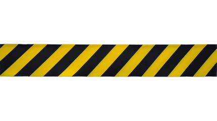 Horizontal black and yellow diagonal striped caution tape isolated on a transparent background. Under construction warning ribbon border.