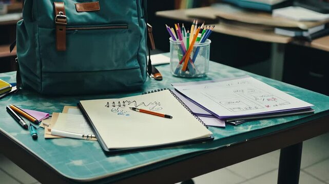 School supplies and a backpack arranged neatly on a table ready for learning activities, Backpack and School Supplies on a Table