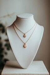 Elegant jewelry display showcasing layered gold necklaces with circular pendants in a serene indoor setting