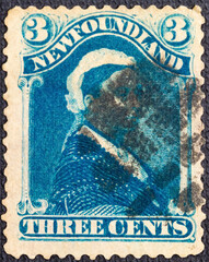 Newfoundland circa 1880-96. The stamp printed by Newfoundland features a portrait of Queen...
