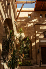 Cairo, Egypt. Interior of the arabian islamic courtyard with palm trees and beautiful windows. Sunlight on the walls