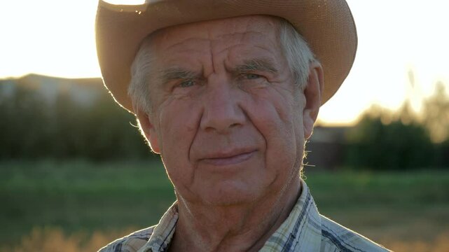 Seasoned farmer wearing weathered cowboy hat standing in golden lit field during sunset, gazing directly at camera with deeply etched. Portrait old men with deep wrinkles on face and tan skin.