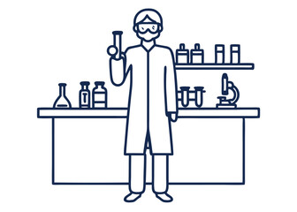 Scientist in lab coat holding test tube, ready for scientific experiment with microscope and glassware, research and development concept