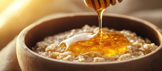 Honey drizzled on oatmeal in wooden bowl, sunlit background, healthy breakfast