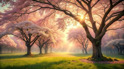 A Serene Sunrise Illuminates a Blossoming Orchard, Bathed in Soft Golden Light and Gentle Mist