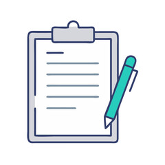 Flat icon of a clipboard with a paper and pencil, symbolizing notes, task management, document writing, or planning in office and productivity contexts
