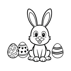 Cartoon Bunny with easter egg outline, line art vector illustration
