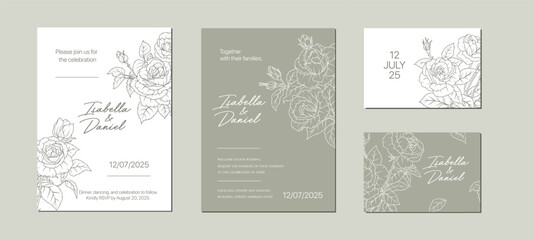 Line art rose flower wedding card design. Hand drawn floral pattern background template. Elegant luxury spring botanical border invitation. Vector decoration illustration