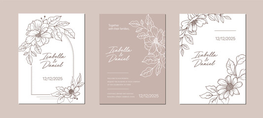 Line art abstract flower wedding card design. Hand drawn floral pattern background template. Elegant luxury spring botanical border invitation. Vector vintage decoration illustration