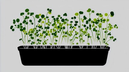 Clean line vector of microgreens sprouting in tray, black outline with pastel color fill, educational use