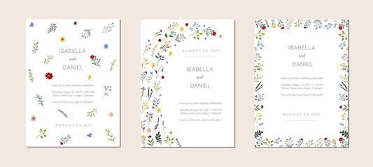 Set of spring wildflower wedding card design. Watercolor flower frame poster background template. Birthday party floral summer abstract decoration invitation.  Vector illustration