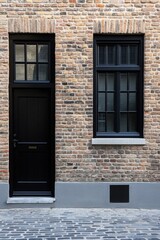 Fototapeta premium Black door and windows on a textured brick wall create a striking architectural feature in an urban setting, showcasing simplicity and elegance at dusk