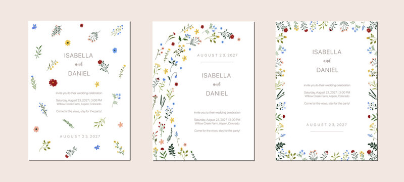 Set of spring wildflower wedding card design. Watercolor flower frame poster background template. Birthday party floral summer abstract decoration invitation. Vector illustration