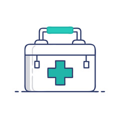 Obraz premium Illustration of a medical first aid kit with a turquoise cross, symbolizing health and safety, used for emergency preparedness, medical supplies, and first aid training scenarios.