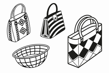 66 Minimalist bag designs, black and white illustrations, geometric patterns, handbag silhouettes, tote bags, woven baskets, checkered patterns, grid patterns, diamond patterns, stylized shopping bags