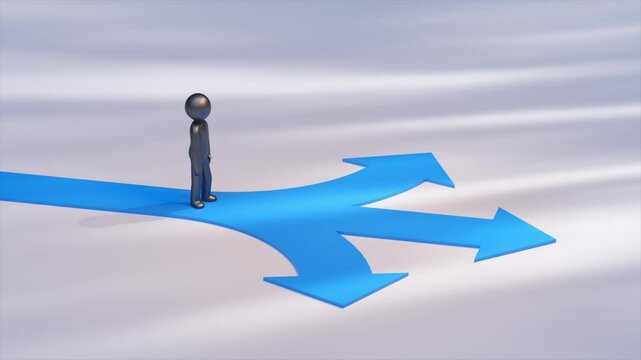 Metallic mannequin character walking on a blue path that divides into three arrows pointing in different directions, symbolizing choices and decision making