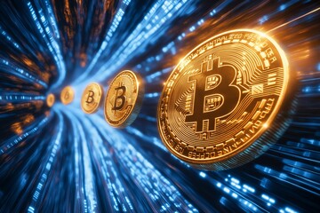 Bitcoin coins appear to fly through a tunnel of bright blue lights, glowing against a dark backdrop