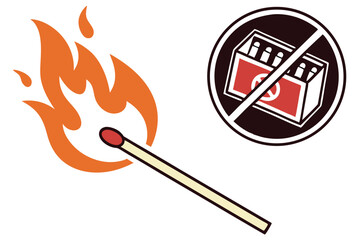 67 Burning match illustration, flaming matchstick icon, no matches allowed sign, fire safety symbol, minimalist design, orange and yellow flames, black background, circular prohibition symbol, warning