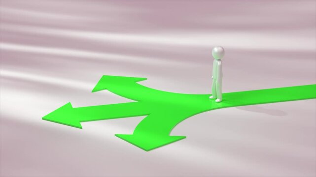 Silver metallic mannequin is walking on a green arrow splitting into three different green arrows pointing in different directions, symbolizing choices and decision-making