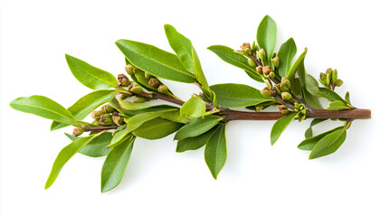 A bunch of dry clove buds and green leaves on a white background