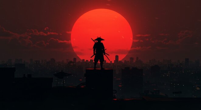 Samurai Sunset Cityscape - Silhouetted samurai stands on rooftop, overlooking city at sunset. Red sun dominates the sky. Epic, dramatic scene