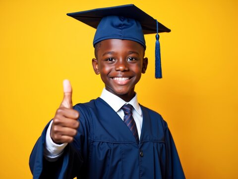 Young boy in graduation gown and cap gives thumbs up with bright yellow background celebrating academic achievement