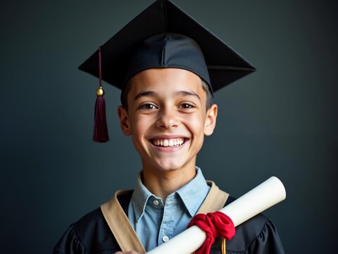 Graduation celebration of joyful young boy in graduation cap holding diploma - Powered by Adobe