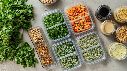 Flat-lay meal prep scene with labeled salad containers, fresh herbs, nuts and dressing jars