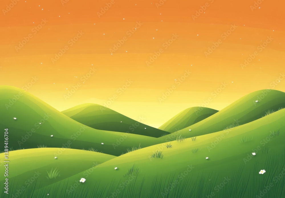 Poster a flat vector background of rolling hills, with grass and small flowers in the foreground, under an 
