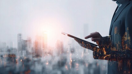 Businessman Using Tablet for Trading in Modern City Landscape