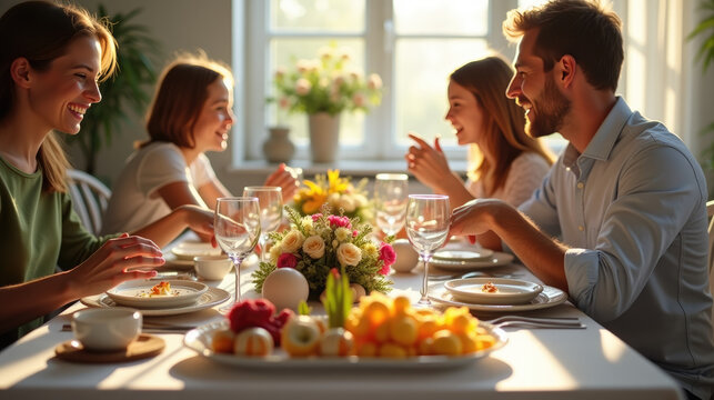 Happy family celebrating Easter. Relatives and friends gathering at table decorated with Easter eggs, sharing festive meal. Easter dinner with family table with traditional food and spring flowers