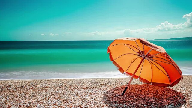 Bright orange umbrella stands alone on a sandy beach under a clear blue sky on a hot summer day, Hot summer on beach front of ocean coast Sunny day on sea shore