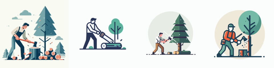 vector set of people cutting trees in flat design style