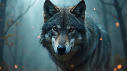 Obraz premium A lone wolf stands amidst a night forest, its gaze piercing