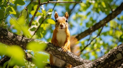 Obraz premium Curious Squirrel on a Branch, Enjoying a Sunny Day in the Forest Wildlife Photography