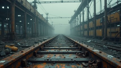Naklejka premium Abandoned industrial railway tracks in foggy weather