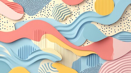 Abstract pastel wave background with geometric shapes.