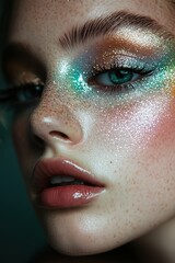 Beauty close-up with sparkly makeup showcasing vibrant colors and glowing skin in a studio setting