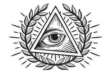 68 Illuminati symbol, all-seeing eye, triangle, laurel wreath, detailed illustration, black and white, engraving style, symmetrical design, mystic, occult, esoteric, banner, rays of light, intricate l