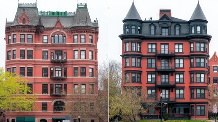 Fototapeta premium Red brick buildings stand adjacent; old architectural style, urban setting, cloudy background