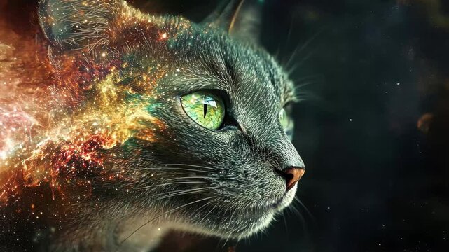 Exploring the cosmos through the gaze of a cat head in a seamless space themed timelapse, cat head and outer space seamless ing timelapse virtual video Background