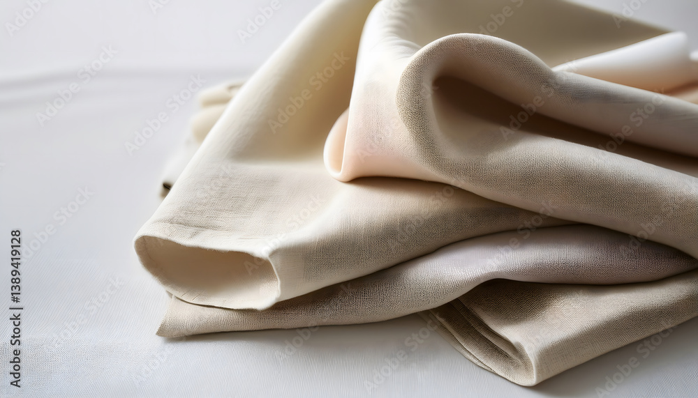 Poster soft, textured fabric folded elegantly, showcasing a subtle pattern in neutral tones, ideal for desi