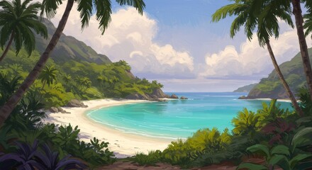 Serene Tropical Cove - A picturesque secluded cove with white sand beach, turquoise water, lush tropical vegetation, and palm trees under a sunny sky