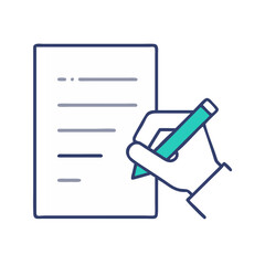 Hand holding a pen and writing on a sheet of paper, concept of signing documents, taking notes, filling forms, education or office work, minimal line icon in flat design style for busines