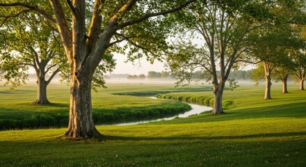 Fototapeta premium Serene Sycamore Landscape: USA Countryside - Peaceful morning mist, winding creek, lush green grass, majestic sycamore trees, tranquil nature. Symbolizes serenity, peace, growth, renewal