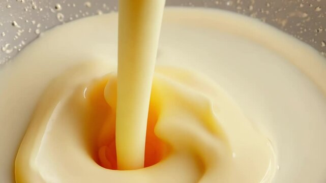 Pouring thick cream creating a vortex in soft vanilla dessert. The liquid forms a spiral pattern as it gradually blends into the creamy mixture, showing the viscous consistency change.