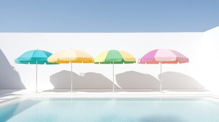 Colorful beach umbrellas casting shadows on white wall near swimming pool, bright sunny day, minimalist composition, and outdoor leisure concept.