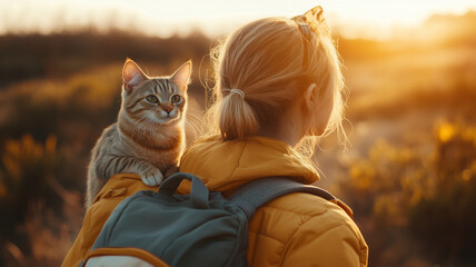 Woman explores nature with a cat at sunset in a serene outdoor setting